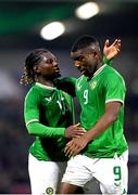 21 November 2023; Sinclair Armstrong of Republic of Ireland, right, with team-mate Babajide Adeeko during the UEFA European Under-21 Championship Qualifier match between Republic of Ireland and Italy at Turners Cross in Cork. Photo by Eóin Noonan/Sportsfile