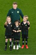 21 November 2023; James McClean of Republic of Ireland, with his daughters Allie May, left, Willow Ivy, front and son, Junior James before the international friendly match between Republic of Ireland and New Zealand at Aviva Stadium in Dublin. Photo by Ben McShane/Sportsfile