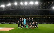 21 November 2023; The Republic of Ireland team, back row, from left, Adam Idah, James McClean, Caoimhin Kelleher, Andrew Omobamidele, Shane Duffy and Matt Doherty; front row, from left, Jamie McGrath, Jason Knight, Jayson Molumby, Mark Sykes and Mikey Johnston; before the international friendly match between Republic of Ireland and New Zealand at Aviva Stadium in Dublin. Photo by Stephen McCarthy/Sportsfile