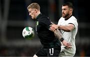 21 November 2023; James McClean of Republic of Ireland in action against Tim Payne of New Zealand during the international friendly match between Republic of Ireland and New Zealand at Aviva Stadium in Dublin. Photo by Piaras Ó Mídheach/Sportsfile