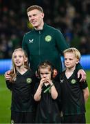 21 November 2023; James McClean of Republic of Ireland  with his children, from left, Allie Mae, Willow Ivy and Junior James before the international friendly match between Republic of Ireland and New Zealand at Aviva Stadium in Dublin. Photo by Stephen McCarthy/Sportsfile