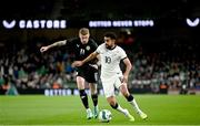 21 November 2023; Sarpreet Singh of New Zealand in action against James McClean of Republic of Ireland during the international friendly match between Republic of Ireland and New Zealand at Aviva Stadium in Dublin. Photo by Stephen McCarthy/Sportsfile