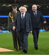 21 November 2023; President of Ireland Michael D Higgins, with FAI President Gerry McAnaney before the international friendly match between Republic of Ireland and New Zealand at Aviva Stadium in Dublin. Photo by Stephen McCarthy/Sportsfile