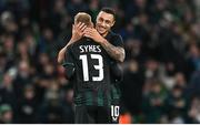 21 November 2023; Adam Idah of Republic of Ireland is congratulated by teammate Mark Sykes, 13, after scoring their side's first goal during the international friendly match between Republic of Ireland and New Zealand at Aviva Stadium in Dublin. Photo by Stephen McCarthy/Sportsfile