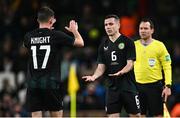 21 November 2023; Josh Cullen, right, comes on as a second half substitute for Jason Knight of Republic of Ireland during the international friendly match between Republic of Ireland and New Zealand at Aviva Stadium in Dublin. Photo by Piaras Ó Mídheach/Sportsfile