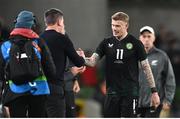 21 November 2023; James McClean of Republic of Ireland with Republic of Ireland manager Stephen Kenny after being substituted during the international friendly match between Republic of Ireland and New Zealand at Aviva Stadium in Dublin. Photo by Stephen McCarthy/Sportsfile