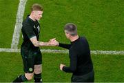 21 November 2023; James McClean of Republic of Ireland, left, with team-mate Republic of Ireland manager Stephen Kenny after being substituted during the international friendly match between Republic of Ireland and New Zealand at Aviva Stadium in Dublin. Photo by Ben McShane/Sportsfile