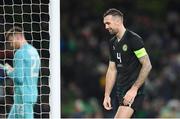 21 November 2023; Shane Duffy of Republic of Ireland reacts after scoring an own goal, which was subsequently ruled out, during the international friendly match between Republic of Ireland and New Zealand at Aviva Stadium in Dublin. Photo by Piaras Ó Mídheach/Sportsfile