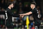 21 November 2023; Andrew Moran of Republic of Ireland, right, comes on as a second half substitute for Mikey Johnston during the international friendly match between Republic of Ireland and New Zealand at Aviva Stadium in Dublin. Photo by Piaras Ó Mídheach/Sportsfile
