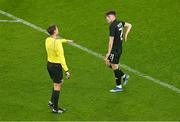 21 November 2023; Andrew Moran of Republic of Ireland remonstrates with referee Urs Schnyder during the international friendly match between Republic of Ireland and New Zealand at Aviva Stadium in Dublin. Photo by Ben McShane/Sportsfile
