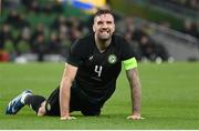 21 November 2023; Shane Duffy of Republic of Ireland reacts during the international friendly match between Republic of Ireland and New Zealand at Aviva Stadium in Dublin. Photo by Seb Daly/Sportsfile