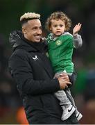 21 November 2023; Callum Robinson of Republic of Ireland with his son, 2 year old Tate, after the international friendly match between Republic of Ireland and New Zealand at Aviva Stadium in Dublin. Photo by Piaras Ó Mídheach/Sportsfile