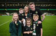 21 November 2023; James McClean of Republic of Ireland with his wife Erin, daughters Allie Mae, Willow Ivy, Mia Rose and son Junior James after the international friendly match between Republic of Ireland and New Zealand at Aviva Stadium in Dublin. Photo by Stephen McCarthy/Sportsfile
