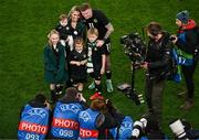 21 November 2023; James McClean of Republic of Ireland, with his family, wife Erin, daughters Allie Mae, left, Willow Ivy, front, Mia Rose and son Junior James after the international friendly match between Republic of Ireland and New Zealand at Aviva Stadium in Dublin. Photo by Ben McShane/Sportsfile