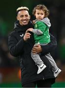 21 November 2023; Callum Robinson of Republic of Ireland with his son, 2 year old Tate, after the international friendly match between Republic of Ireland and New Zealand at Aviva Stadium in Dublin. Photo by Piaras Ó Mídheach/Sportsfile