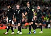 21 November 2023; Republic of Ireland players, from left, Andrew Omobamidele, Evan Ferguson, Shane Duffy and Alan Browne during the international friendly match between Republic of Ireland and New Zealand at the Aviva Stadium in Dublin. Photo by Seb Daly/Sportsfile
