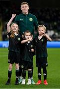 21 November 2023; James McClean of Republic of Ireland with his children, from left, Allie Mae, Willow Ivy and Junior James before the international friendly match between Republic of Ireland and New Zealand at Aviva Stadium in Dublin. Photo by Stephen McCarthy/Sportsfile Photo by Stephen McCarthy/Sportsfile