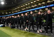 21 November 2023; Republic of Ireland manager Stephen Kenny with coaches and backroom staff, from right, coach Keith Andrews, coach John O'Shea, goalkeeping coach Dean Kiely, head of athletic performance Damien Doyle, chartered physiotherapist Danny Miller, chartered physiotherapist Kevin Mulholland, athletic therapist Sam Rice, athletic therapist Colum O’Neill, STATSports analyst Andrew Morrissey, team doctor Sean Carmody, kitman Fergus McNally, logistics officers Eoghan Walsh and Alan Garnett before the international friendly match between Republic of Ireland and New Zealand at Aviva Stadium in Dublin. Photo by Stephen McCarthy/Sportsfile