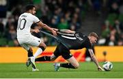 21 November 2023; James McClean of Republic of Ireland has his shirt pulled by Sarpreet Singh of New Zealand during the international friendly match between Republic of Ireland and New Zealand at Aviva Stadium in Dublin. Photo by Stephen McCarthy/Sportsfile Photo by Stephen McCarthy/Sportsfile