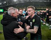21 November 2023; James McClean of Republic of Ireland with Eoghan Walsh after the international friendly match between Republic of Ireland and New Zealand at Aviva Stadium in Dublin. Photo by Stephen McCarthy/Sportsfile