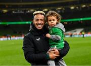 21 November 2023; Callum Robinson of Republic of Ireland with his son, 2 year old Tate, after the international friendly match between Republic of Ireland and New Zealand at Aviva Stadium in Dublin. Photo by Piaras Ó Mídheach/Sportsfile