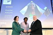 22 November 2023; The award for U23 Athlete of the Year Rhasidat Adeleke is presented to her mother Adewumi Ademola by RSA Insurance Managing Director Elaine Robinson, left, and Athletics Ireland President John Cronin during the 123.ie National Athletics Awards at Crowne Plaza Hotel in Santry, Dublin. A full list of winners from the event can be found at AthleticsIreland.ie Photo by Sam Barnes/Sportsfile