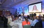 22 November 2023; U23 Athlete of the Year Rhasidat Adeleke sends a video message during the 123.ie National Athletics Awards at Crowne Plaza Hotel in Santry, Dublin. A full list of winners from the event can be found at AthleticsIreland.ie Photo by Sam Barnes/Sportsfile