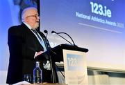 22 November 2023; Athletics Ireland President John Cronin speaking during the 123.ie National Athletics Awards at Crowne Plaza Hotel in Santry, Dublin. A full list of winners from the event can be found at AthleticsIreland.ie Photo by Sam Barnes/Sportsfile