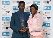 22 November 2023; The award for U23 Athlete of the Year Rhasidat Adeleke is collected on her behalf by her mother Adewumi Ademola and brother Abdullahi Adeleke during the 123.ie National Athletics Awards at Crowne Plaza Hotel in Santry, Dublin. A full list of winners from the event can be found at AthleticsIreland.ie Photo by Sam Barnes/Sportsfile