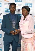 22 November 2023; The award for U23 Athlete of the Year Rhasidat Adeleke is collected on her behalf by her mother Adewumi Ademola and brother Abdullahi Adeleke during the 123.ie National Athletics Awards at Crowne Plaza Hotel in Santry, Dublin. A full list of winners from the event can be found at AthleticsIreland.ie Photo by Sam Barnes/Sportsfile