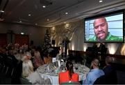 22 November 2023; Field Athlete of the Year Eric Favors sends a video message during the 123.ie National Athletics Awards at Crowne Plaza Hotel in Santry, Dublin. A full list of winners from the event can be found at AthleticsIreland.ie Photo by Sam Barnes/Sportsfile