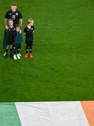 21 November 2023; James McClean of Republic of Ireland, with his daughters Allie May, left, Willow Ivy, front and son, Junior James before the international friendly match between Republic of Ireland and New Zealand at Aviva Stadium in Dublin. Photo by Ben McShane/Sportsfile