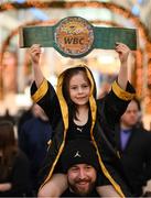 22 November 2023; Katie Taylor supporter 8-year-old Faye Redmond and her father Stephen, from Ballyfermot, during public workouts, held at Liffey Valley Shopping Centre in Clondalkin, Dublin, ahead of the super lightweight championship fight between Chantelle Cameron and Katie Taylor, on November 25th at 3Arena in Dublin. Photo by Stephen McCarthy/Sportsfile