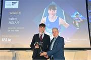 22 November 2023; Schools Athlete of the Year Adam Nolan is presented with his award by  President of the Irish Schools Athletic Association Billy Delaney during the 123.ie National Athletics Awards at Crowne Plaza Hotel in Santry, Dublin. A full list of winners from the event can be found at AthleticsIreland.ie Photo by Sam Barnes/Sportsfile
