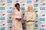 22 November 2023; Adewumi Ademola, mother of Joint Athlete of the Year Rhasidate Adeleke, left, and Athletics Ireland Operations Team Manager Teresa McDaid, representing joint Athlete of the Year winner Ciara Mageean, with the awards,  during the 123.ie National Athletics Awards at Crowne Plaza Hotel in Santry, Dublin. A full list of winners from the event can be found at AthleticsIreland.ie Photo by Sam Barnes/Sportsfile