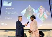 22 November 2023; Adewumi Ademola, mother of Joint Athlete of the Year Rhasidat Adeleke, is interviewed by MC Greg Allen during the 123.ie National Athletics Awards at Crowne Plaza Hotel in Santry, Dublin. A full list of winners from the event can be found at AthleticsIreland.ie Photo by Sam Barnes/Sportsfile