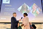 22 November 2023;  Adewumi Ademola, mother of Joint Athlete of the Year Rhasidat Adeleke, is interviewed by MC Greg Allen during the 123.ie National Athletics Awards at Crowne Plaza Hotel in Santry, Dublin. A full list of winners from the event can be found at AthleticsIreland.ie Photo by Sam Barnes/Sportsfile