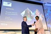 22 November 2023;  Adewumi Ademola, mother of Joint Athlete of the Year Rhasidat Adeleke, is interviewed by MC Greg Allen during the 123.ie National Athletics Awards at Crowne Plaza Hotel in Santry, Dublin. A full list of winners from the event can be found at AthleticsIreland.ie Photo by Sam Barnes/Sportsfile