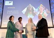 22 November 2023; The Joint Athlete of the Year Awards are collected by Adewumi Ademola, mother of winner Rhasidat Adeleke, centre left, and Athletics Ireland Operations Team Manager Teresa McDaid, on behalf of winner Ciara Mageean, centre right, from RSA Insurance Managing Director Elaine Robinson and Athletics Ireland President John Cronin during the 123.ie National Athletics Awards at Crowne Plaza Hotel in Santry, Dublin. A full list of winners from the event can be found at AthleticsIreland.ie Photo by Sam Barnes/Sportsfile