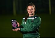 23 November 2023; Ellen Dolan with her SSE Airtricity Women’s Premier Division Player of the Month Award for October/November 2023 at Peamount United FC in Dublin. Photo by David Fitzgerald/Sportsfile