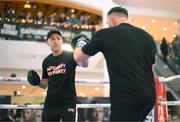 22 November 2023; Trainer Packie Collins and Thomas Carty during public workouts, held at Liffey Valley Shopping Centre in Clondalkin, Dublin, ahead of his heavyweight bout with Dan Garber, on November 25th at 3Arena in Dublin. Photo by Stephen McCarthy/Sportsfile