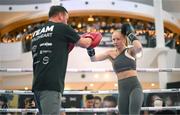 22 November 2023; Lucy Wildheart and trainer Samm Mullins during public workouts, held at Liffey Valley Shopping Centre in Clondalkin, Dublin, ahead of her WBC interim world featherweight title fight with Skye Nicolson, on November 25th at 3Arena in Dublin. Photo by Stephen McCarthy/Sportsfile
