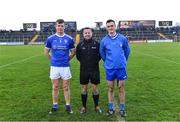 19 November 2023; Referee David Gough with team captains John Heslin of St Loman's Mullingar and Eoin Doyle of Naas before the AIB Leinster GAA Football Senior Club Championship Semi-Final match between St Loman's Mullingar, Mullingar, and Naas, Kildare, at TEG Cusack Park in Mullingar, Westmeath. Photo by Piaras Ó Mídheach/Sportsfile