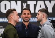 23 November 2023; Paddy Donovan, left, and Danny Ball, in the company of promoter Eddie Hearn, during a press conference at the Dublin Royal Convention Centre ahead of their WBA continental welterweight title fight, on November 25th at 3Arena in Dublin. Photo by Stephen McCarthy/Sportsfile