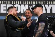 23 November 2023; Thomas Carty, left, and Dan Garber, in the company of promoter Eddie Hearn, during a press conference at the Dublin Royal Convention Centre ahead of their heavyweight bout, on November 25th at 3Arena in Dublin. Photo by Stephen McCarthy/Sportsfile