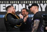 23 November 2023; Thomas Carty, left, and Dan Garber, in the company of promoter Eddie Hearn, during a press conference at the Dublin Royal Convention Centre ahead of their heavyweight bout, on November 25th at 3Arena in Dublin. Photo by Stephen McCarthy/Sportsfile