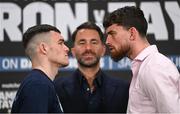 23 November 2023; Emmet Brennan, left, and Jamie Morrissey, in the company of promoter Eddie Hearn, during a press conference at the Dublin Royal Convention Centre ahead of their celtic light heavyweight title fight, on November 25th at 3Arena in Dublin. Photo by Stephen McCarthy/Sportsfile