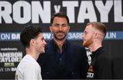 23 November 2023; John Cooney, left, and Liam Gaynor, in the company of promoter Eddie Hearn, during a press conference at the Dublin Royal Convention Centre ahead of their celtic super featherweight title fight, on November 25th at 3Arena in Dublin. Photo by Stephen McCarthy/Sportsfile