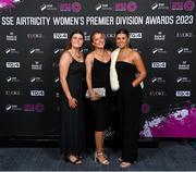23 November 2023; In attendance are, from left, Aoife Mulkern of Treaty United, Orlagh Fitzpatrick of Treaty United and Jenna Slattery of Galway United during the 2023 SSE Airtricity Women's Premier Division Awards at Clontarf Castle in Dublin. Photo by Stephen McCarthy/Sportsfile