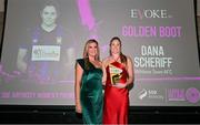 23 November 2023; Dana Scheriff of Athlone Town, right, is presented with the EVOKE.ie Golden Boot award by EVOKE.ie Content Editor Sarah-Jayne Tobin during the 2023 SSE Airtricity Women's Premier Division Awards at Clontarf Castle in Dublin. Photo by Sam Barnes/Sportsfile